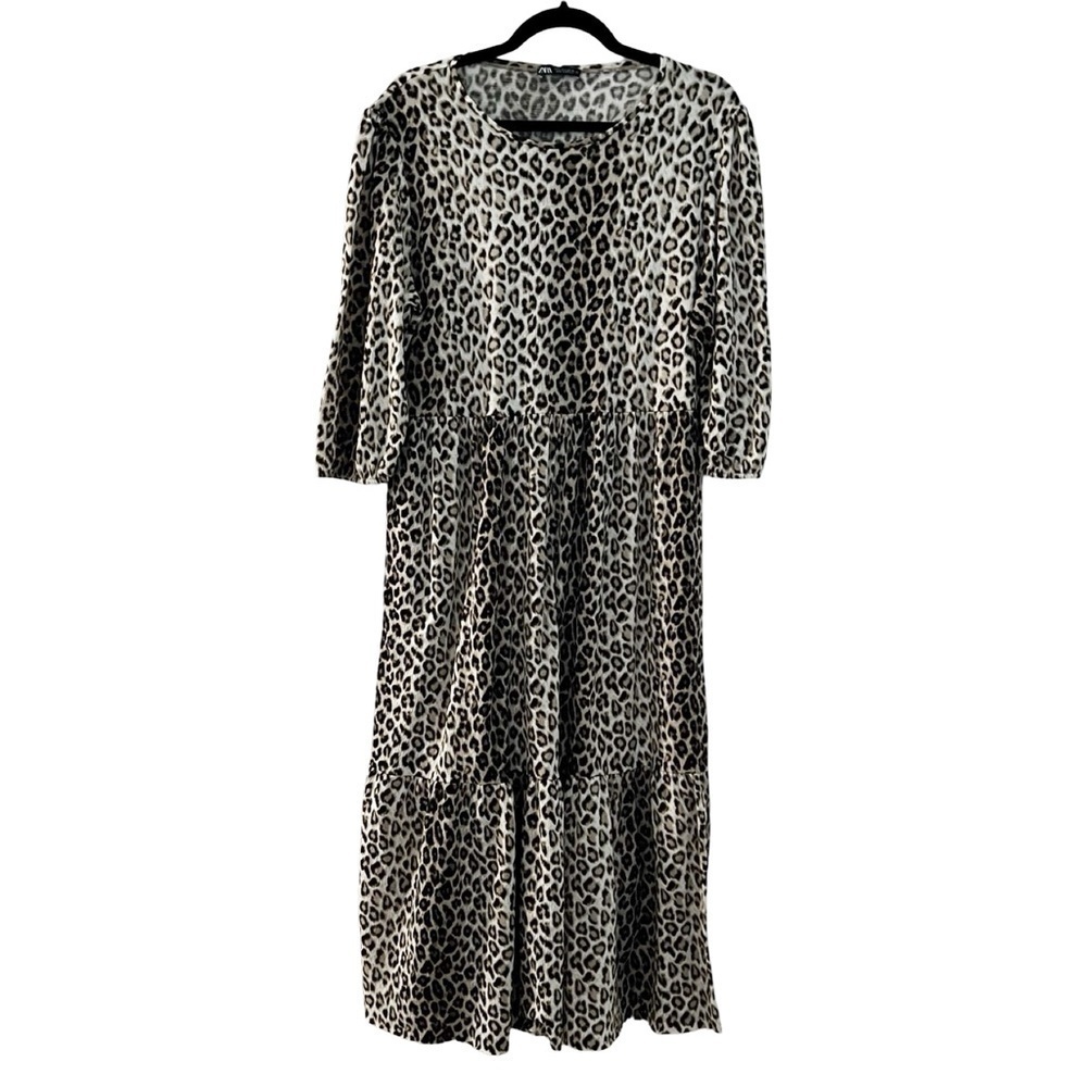 ZARA Cheetah Print Tiered Puff Sleeve Maxi Dress Sz L - Picture 2 of 5